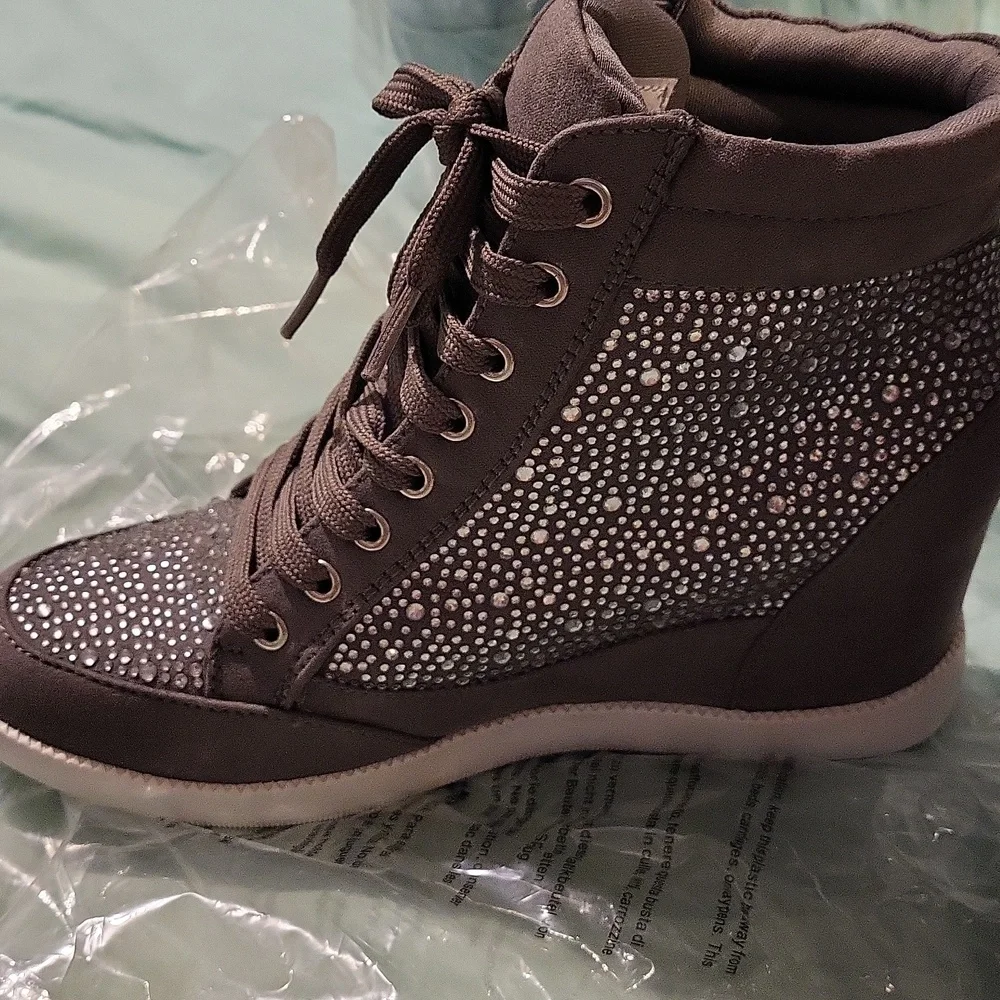 Kailani Wedge High-Top Sneakers with Rhinestone Detail - Grey